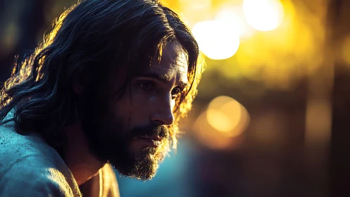Solitary bearded man in warm golden sunset bokeh light.