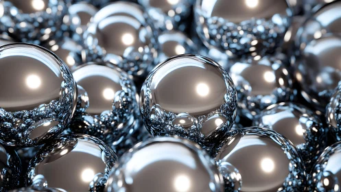 Clustered reflective metallic spheres in close-up view.