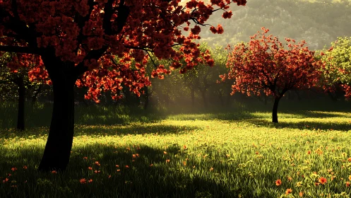 Sunlit grove with red flowering trees and dense meadow.