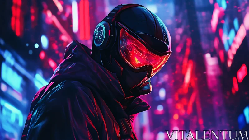 Futuristic helmeted figure in neon cyberpunk city glow.