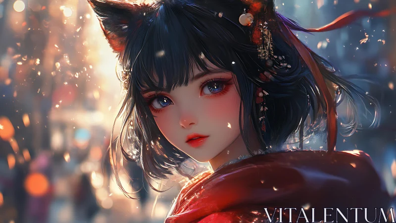 Fox-eared anime girl in glowing bokeh street portrait scene