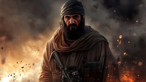 Armed man in headscarf amid smoke and fire background scene.