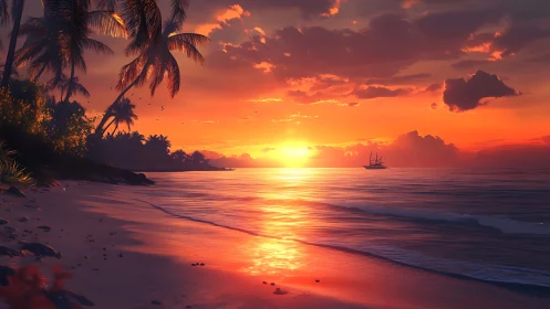 Tropical shoreline sunset with sailing vessel on calm horizon