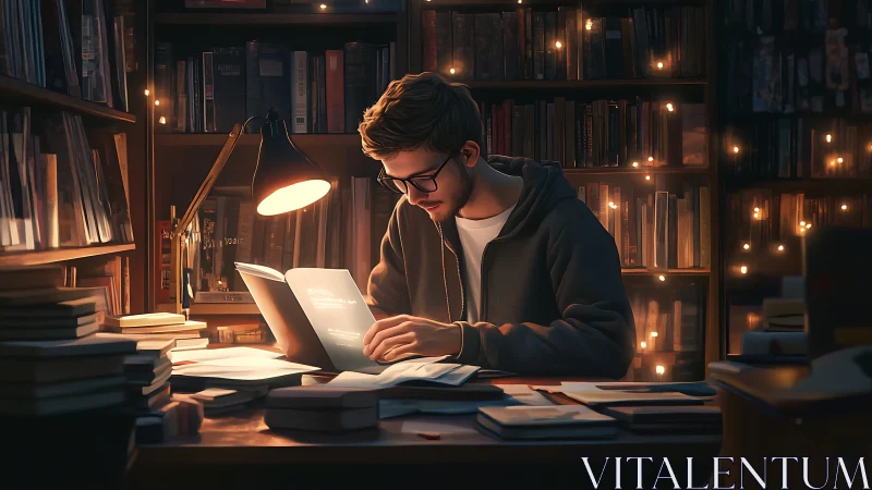 Focused student studies under warm task lighting amid dense bookshelves