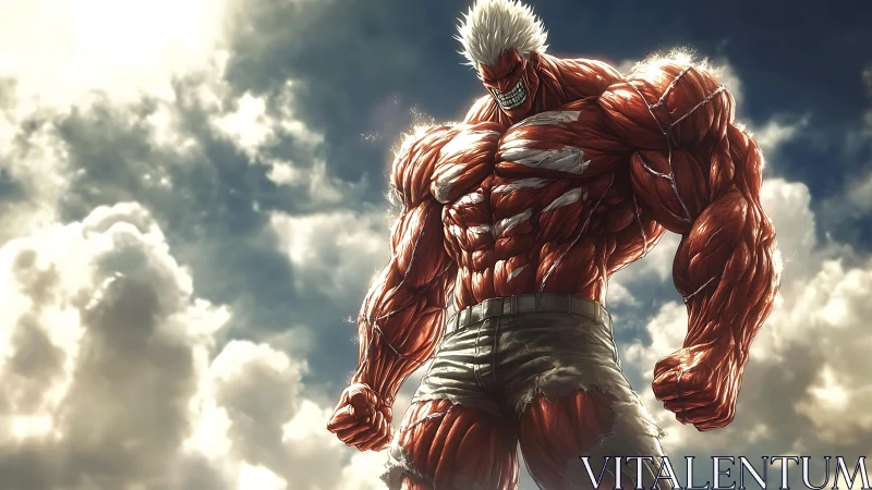 Muscular humanoid figure stands against dynamic clouded sky