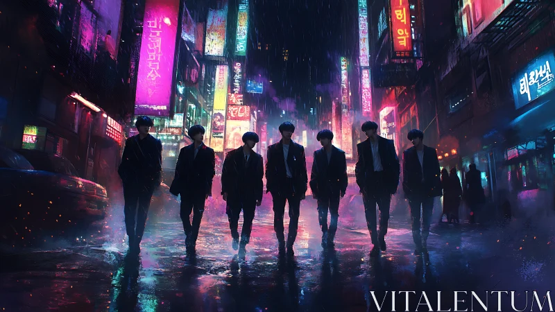 Neon city rain welcomes a united group walking with purpose