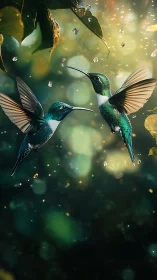 Two emerald hummingbirds in midair with glowing droplets.