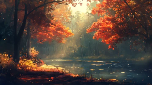 Autumn's Luminous Cathedral: Where Crimson Branches Kiss the Mist.