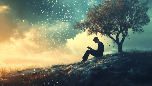 Solitary reader under glowing tree amid drifting light