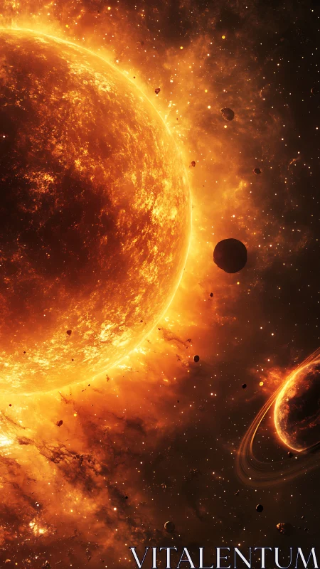 Molten sunrise over a restless ringed world in space.