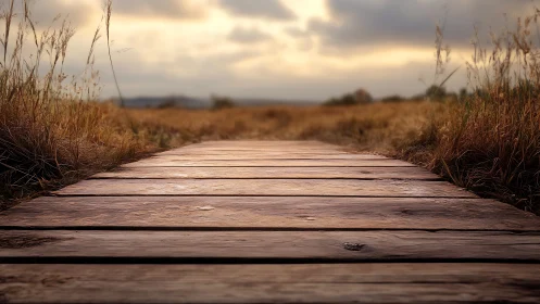 Sunlit wooden path wandering through quiet autumn fields.