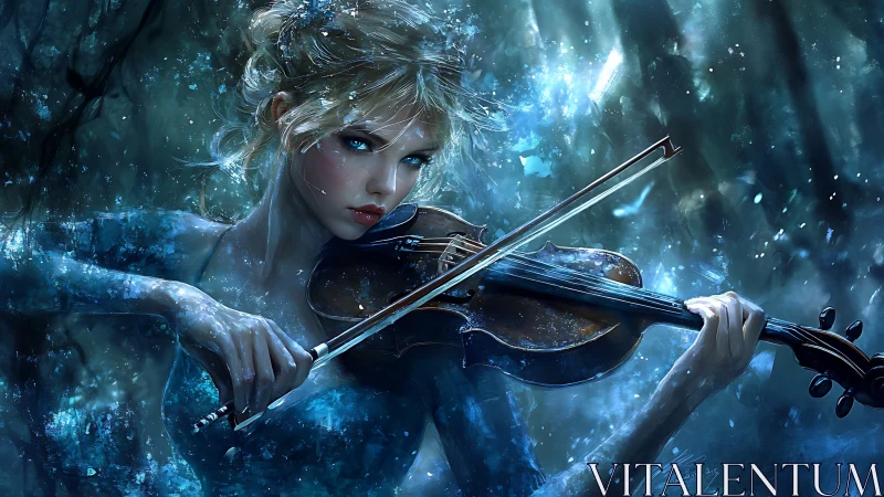 Icy blue virtuoso renders violin performance amid crystalline particles