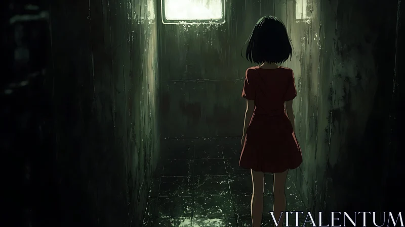 Girl in red dress stands in dark dripping corridor alone.