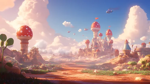 Whimsical mushroom kingdom under soft pastel sky at dawn.