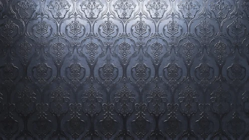 Metallic baroque damask wall shows embossed symmetric relief