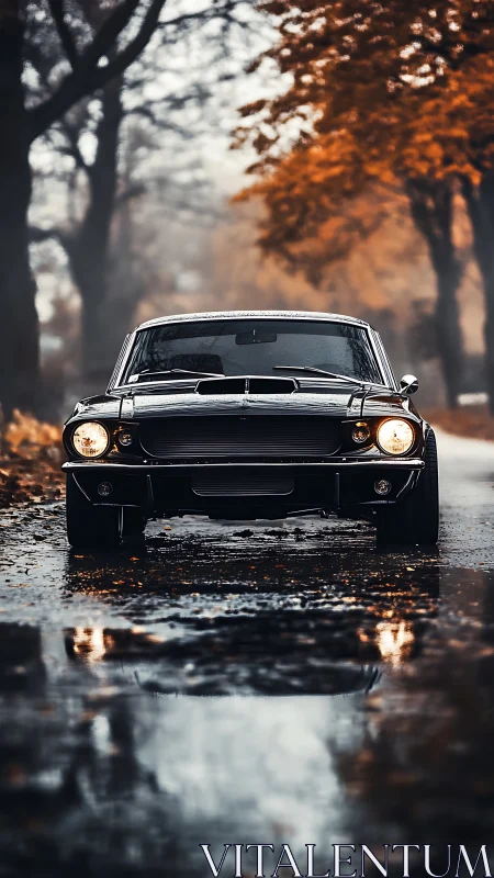 Classic black muscle car glows on a quiet autumn road