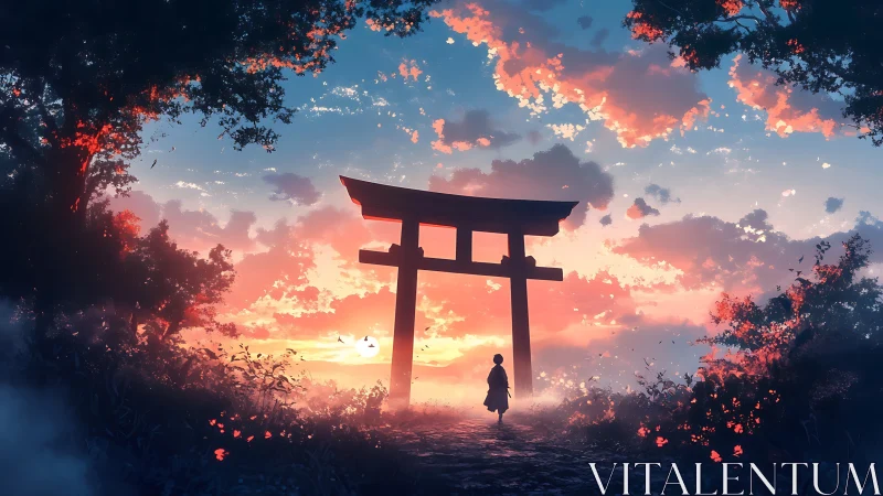 Silhouetted child under Shinto torii at luminous sunset sky