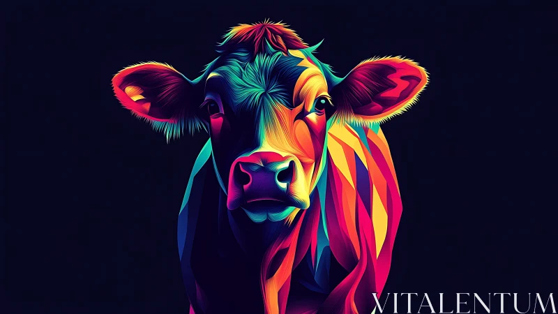 Neon-colored cow portrait rendered in angular vector shapes