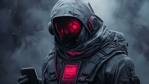 Hooded cyber operative studies phone in red neon haze