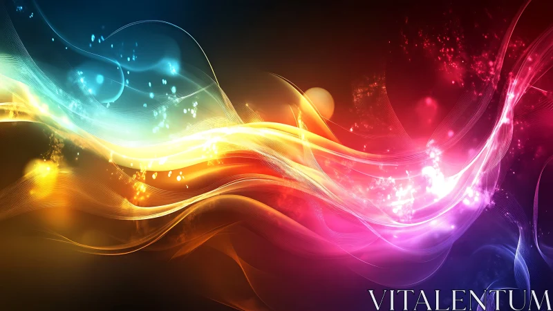 Colorful flowing light waves on abstract dark background.