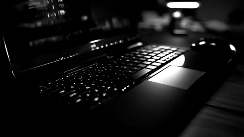 Low-key monochrome laptop keyboard with reflective trackpad.