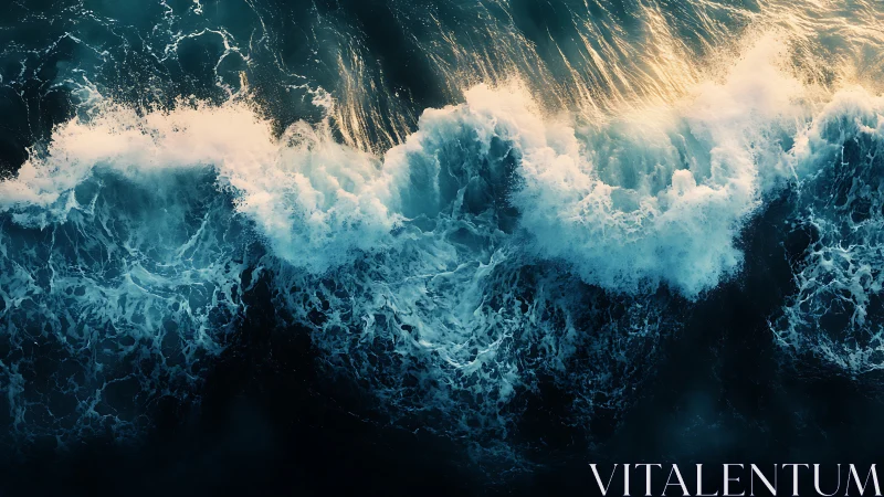 Golden light glows through crashing ocean waves from above.