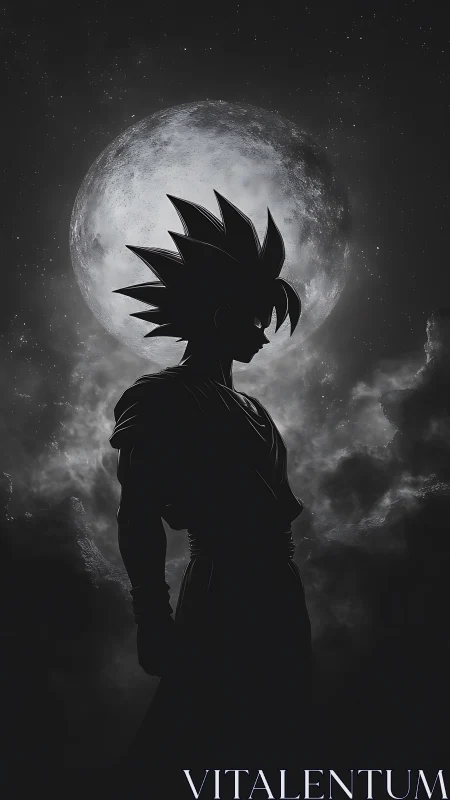 Anime warrior silhouette aligned with luminous full moon.