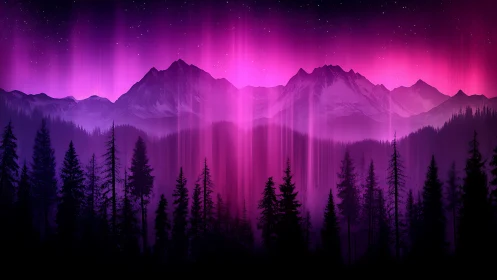 Aurora-illuminated alpine skyline renders layered forest silhouettes