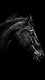 Midnight stallion etched in silver light and shadowed calm.