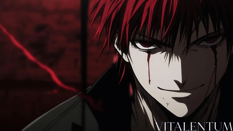 Sinister red-haired antihero smiles in a shadowy crimson night