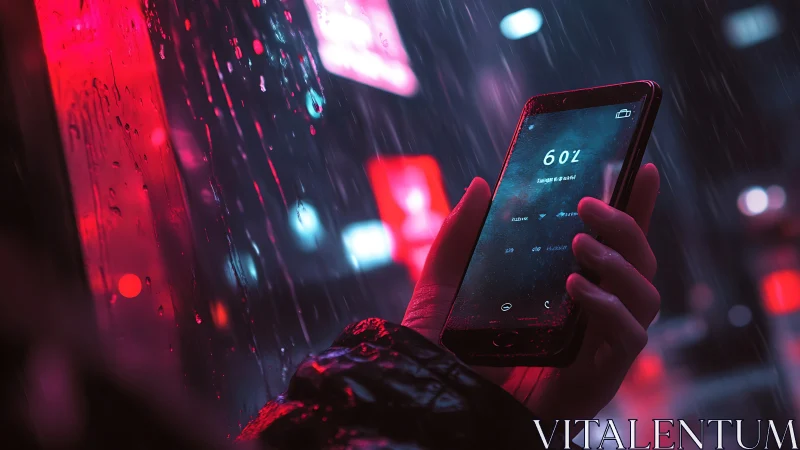 Neon lit hand holds glowing phone in a rainy midnight city.