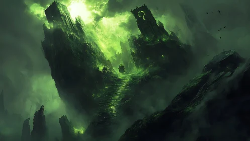 Green-lit fortress ruins rise above mist-covered rocky chasm