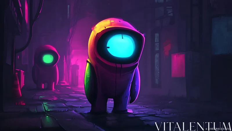 Neon-suited astronaut figures in moody cyberpunk alleyway.