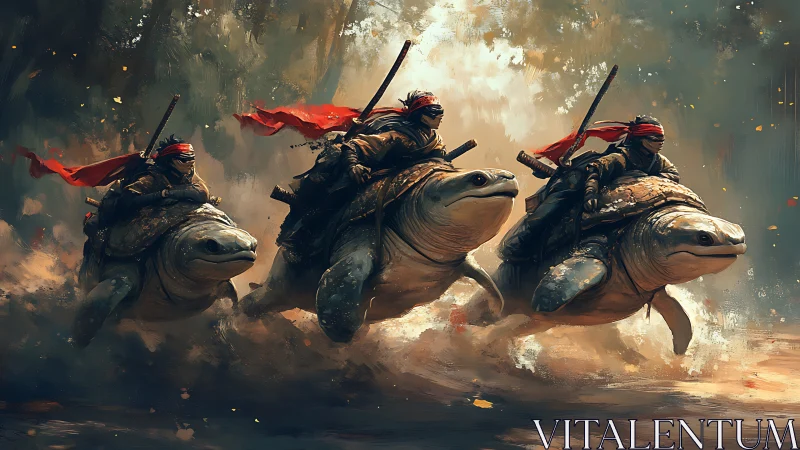 Mounted warriors riding large turtles through misty terrain.