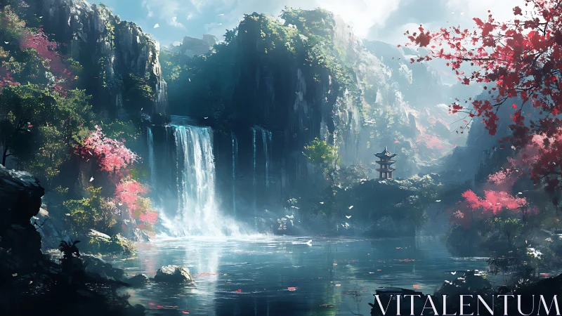 Whispering Waterfalls And Crimson Pagoda Sanctuary Dreamscape.