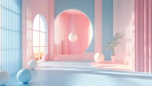 Geometric pastel interior renders soft light and spatial rhythm