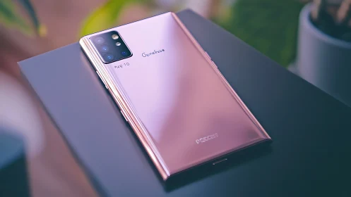 Pink gradient smartphone displaying quad camera setup