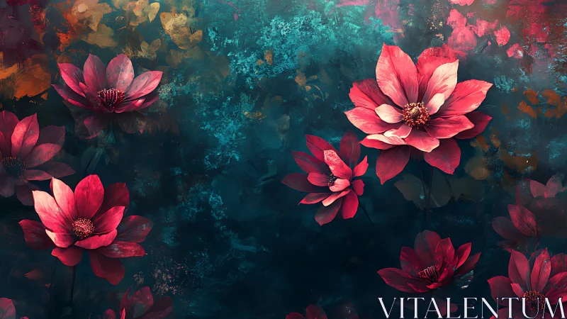 Digital composition of red flowers against teal and amber textured background layers