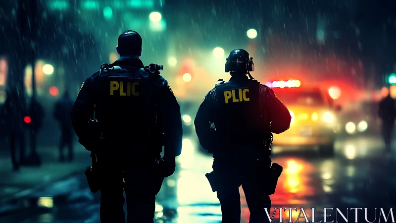 Night patrol officers in neon soaked urban rainstorm.