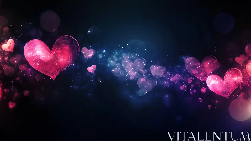 Luminous hearts cascade through dark space with glowing particle effects.