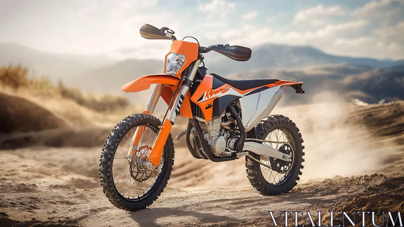 Sunlit dirt bike waiting on a wide open desert trail.