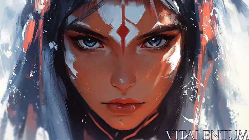 Close-up warrior portrait uses dynamic brushwork and cool palette