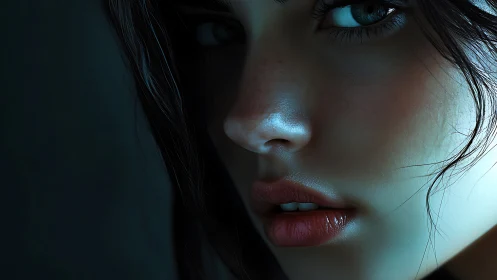 Moody photoreal closeup portrait under teal side light.