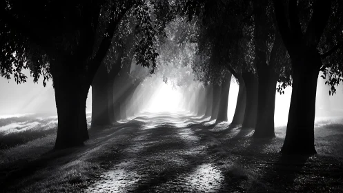 Monochrome tree avenue with dramatic backlit misty light.