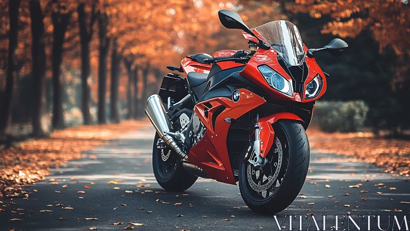 Red sport motorcycle on empty tree-lined autumn road.