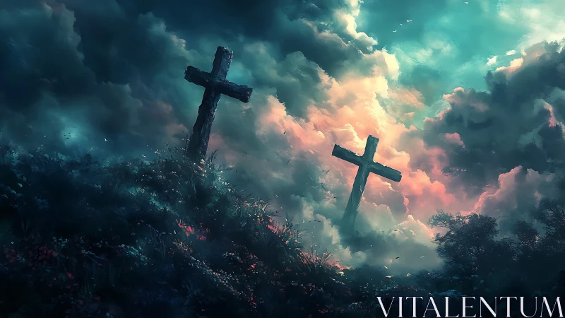 Twilight hill of silent crosses under storm-swept heavens.