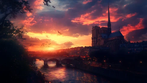 Dramatic sunset sky ignites cathedral and riverfront cityscape