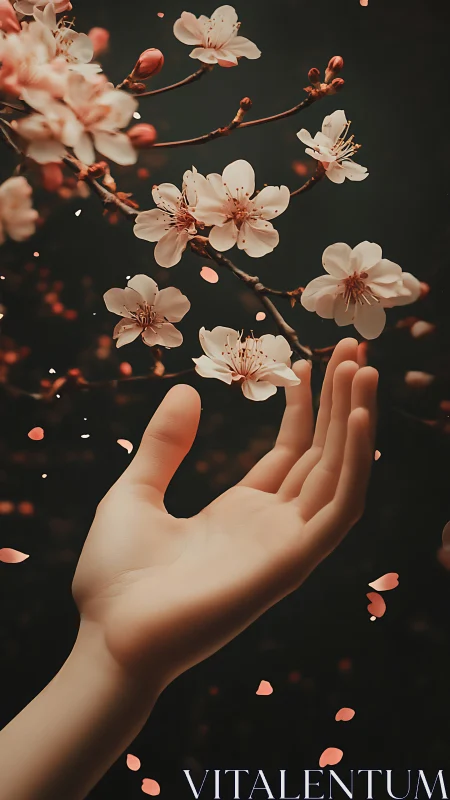 Gentle hand reaching toward soft spring cherry blossoms.