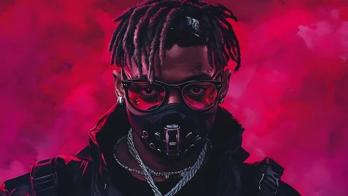 Masked cyberpunk portrait glows in intense neon crimson haze