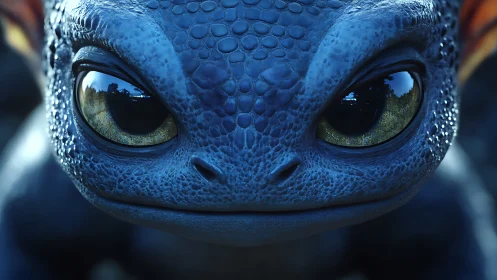 Close-range render of bioluminescent blue draconic hatchling face.